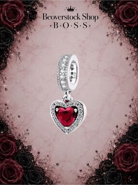 New .925 Sterling Silver Zircon Red Love Heart Dangle Pendant Charm Jewelry